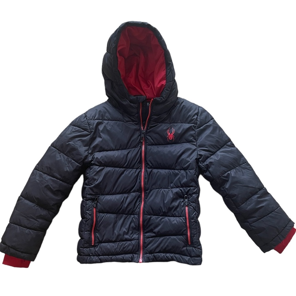 Spyder Puffer Jacket Sz XS 5/6 Ski Tubing Snowboarding Hoodie Black Red Puffy